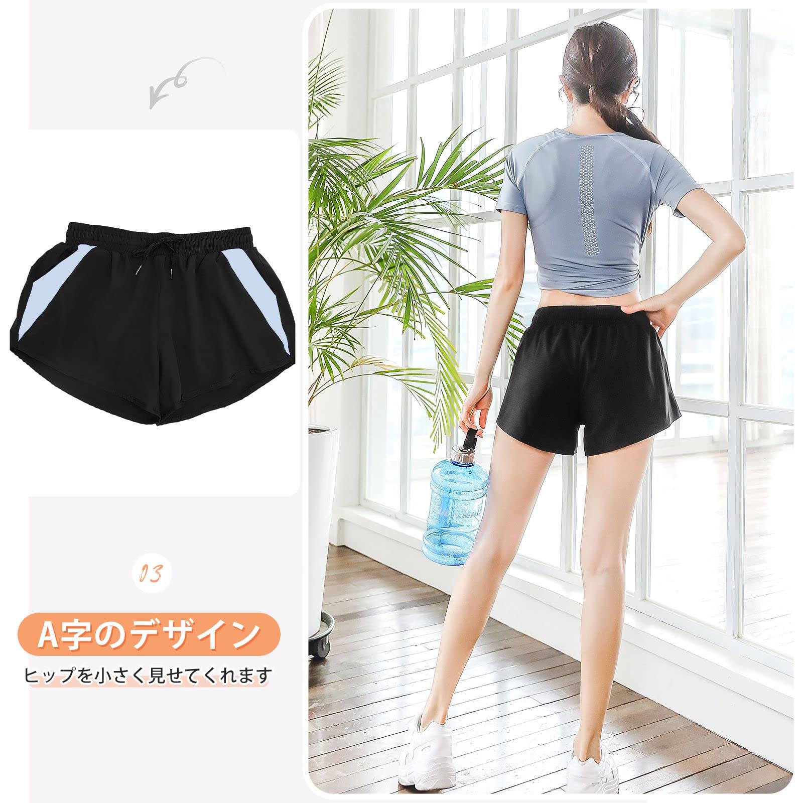 Ernest Leoty 新品　黒　ショートパンツ　ヨガ　ランニング Amazon.co.jp: ショートパンツ レディース スポーツ 2in1 ポケット付き